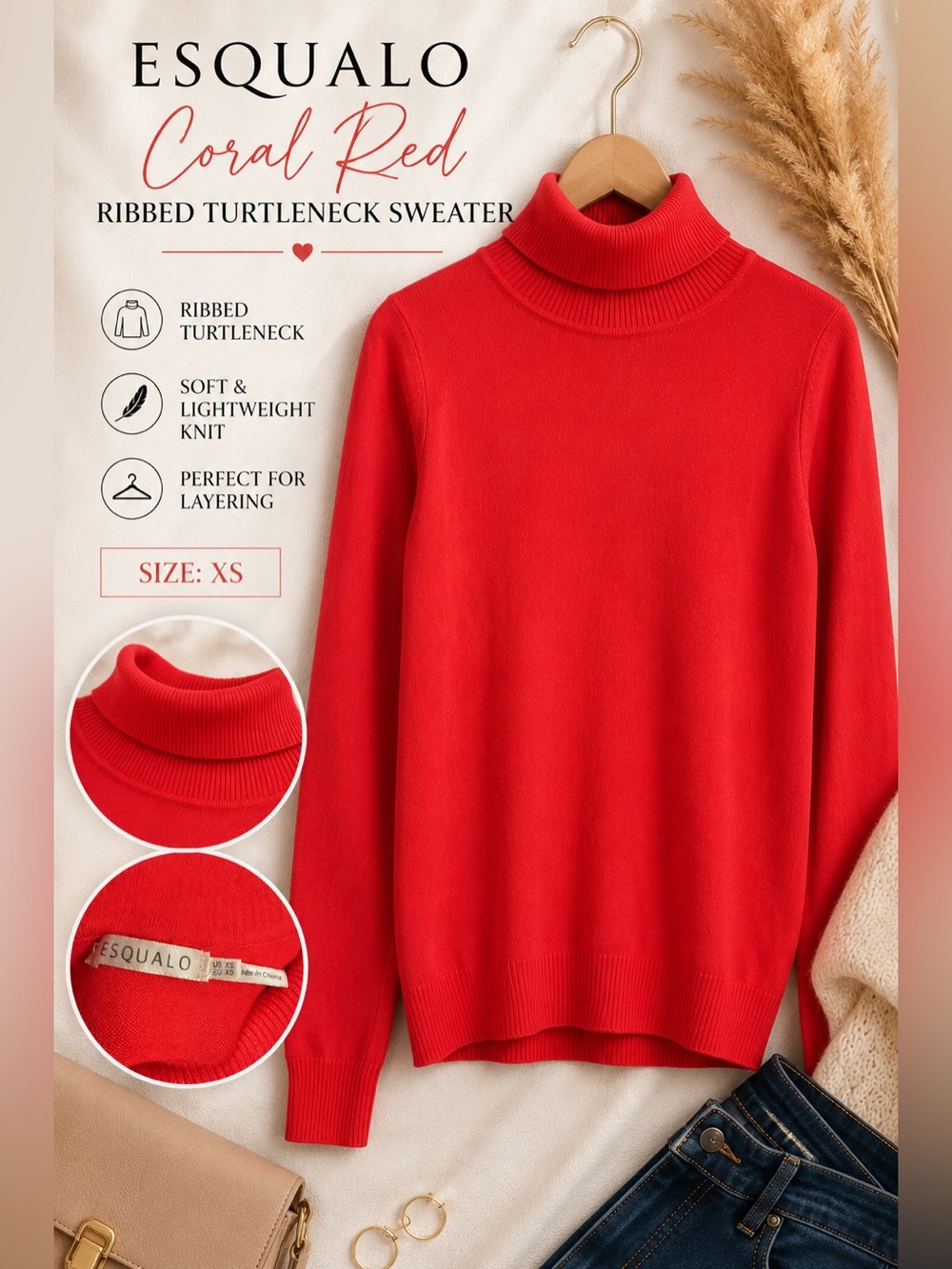ESQUALO Bright Red Turtleneck Pullover